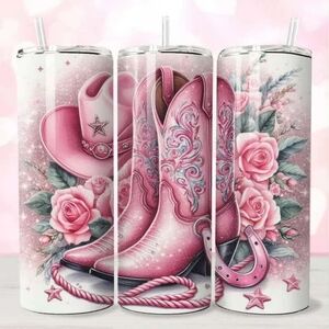 Pink Western Tumbler with Boots and Roses
